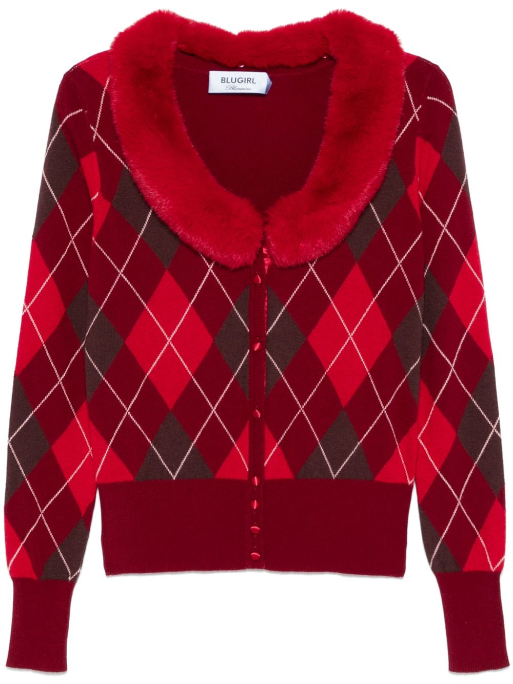 argyle-pattern faux-fur collar cardigan