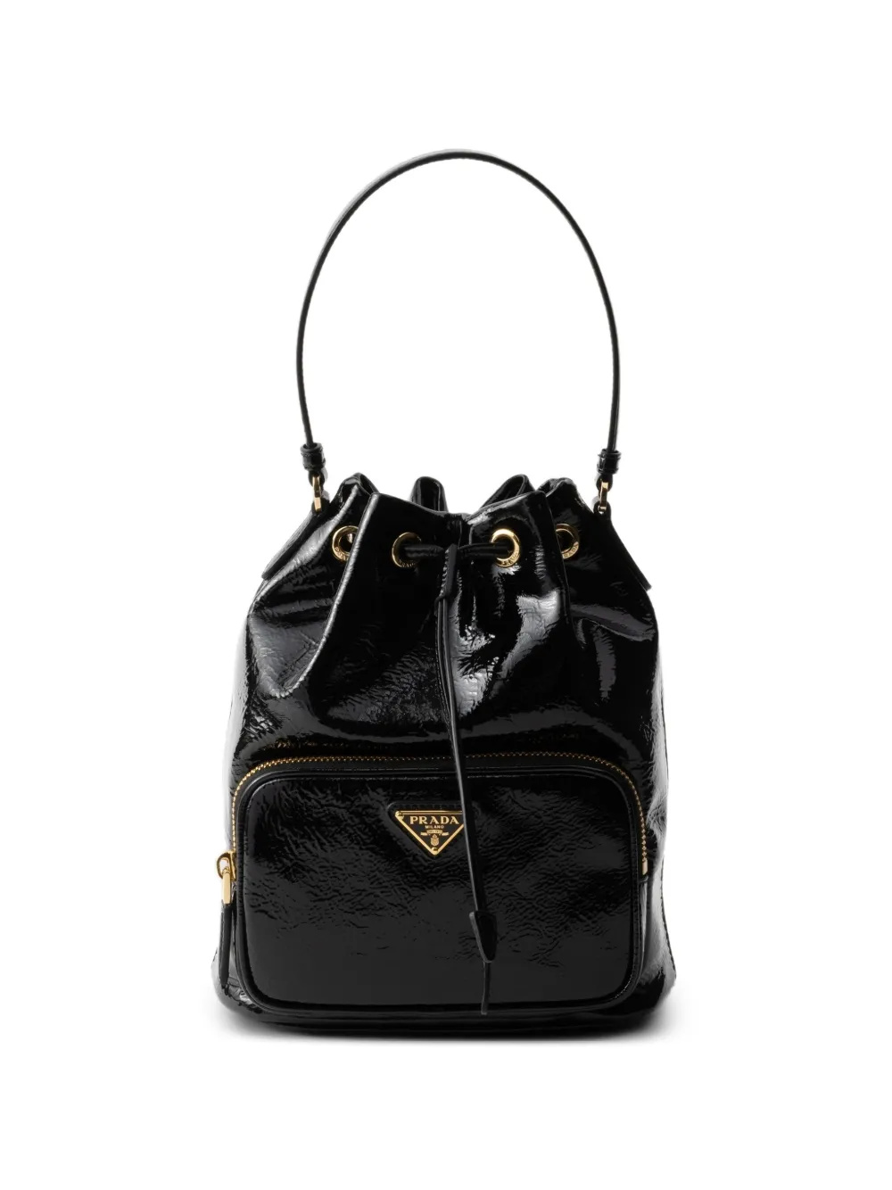Prada Duet Patent Leather Bucket Bag | Black | FARFETCH