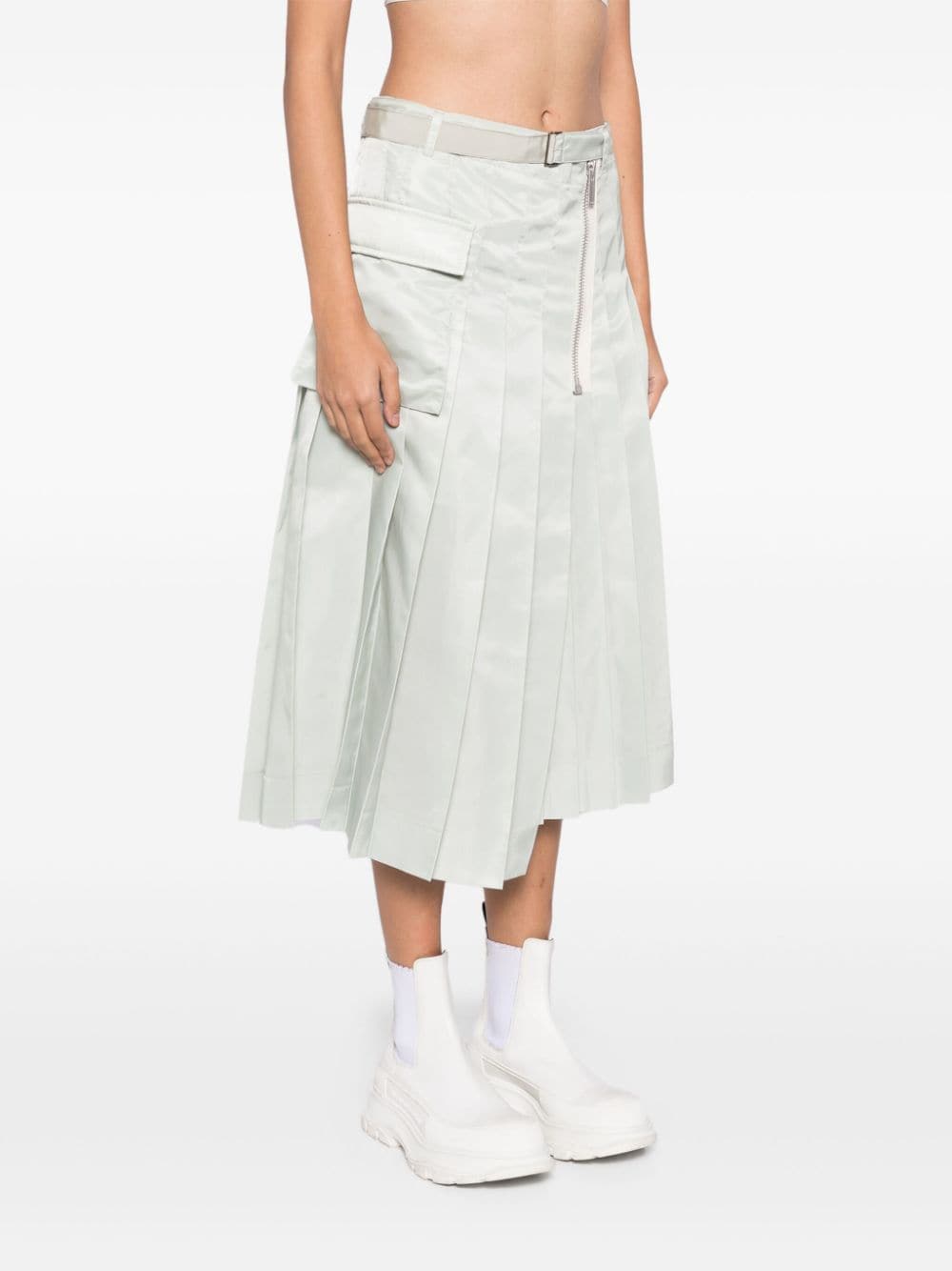 Shop Sacai Pleat Belted Skirt In Green