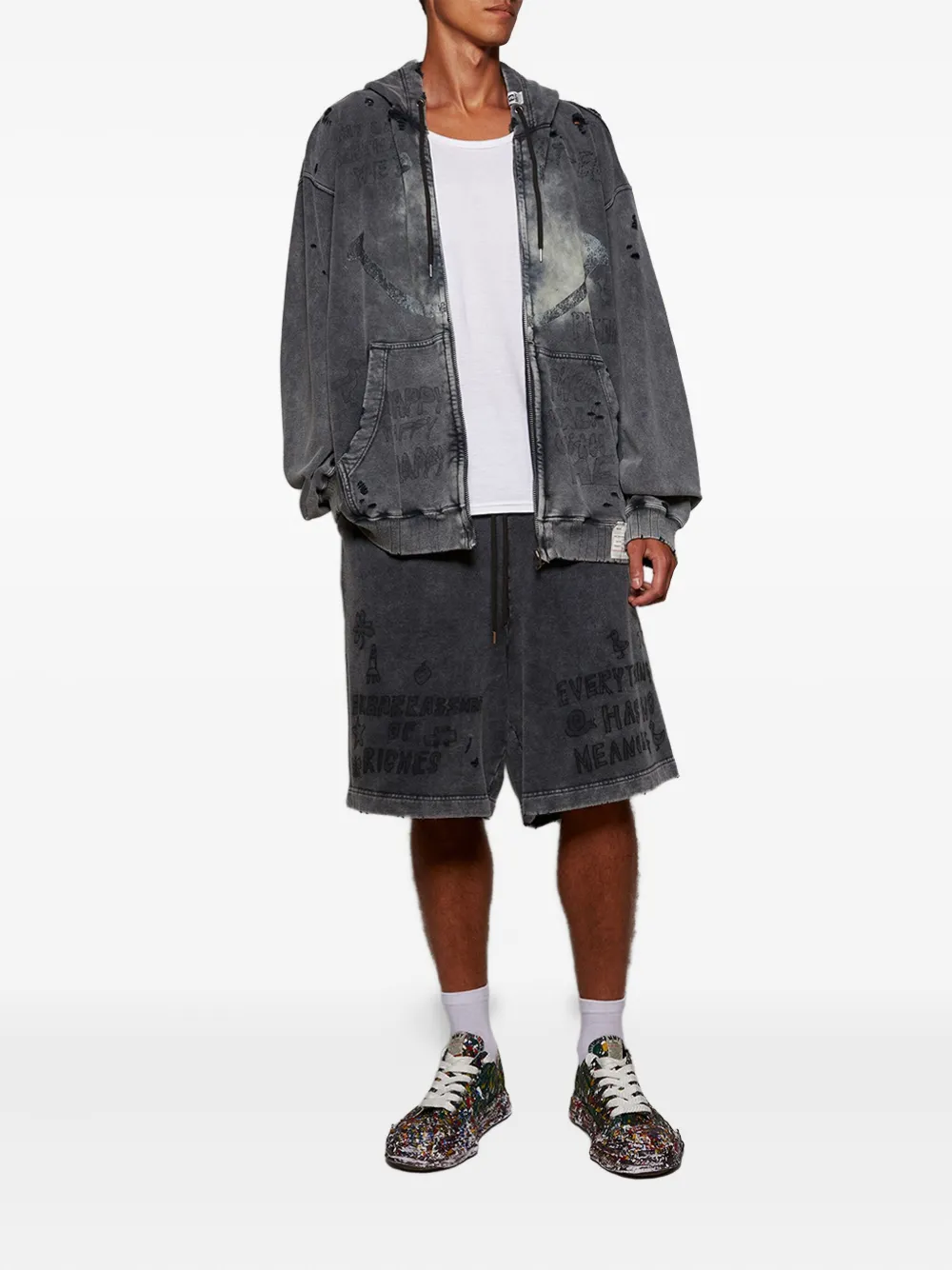 Miharayasuhiro Distressed Zip-up Hoodie In Brown