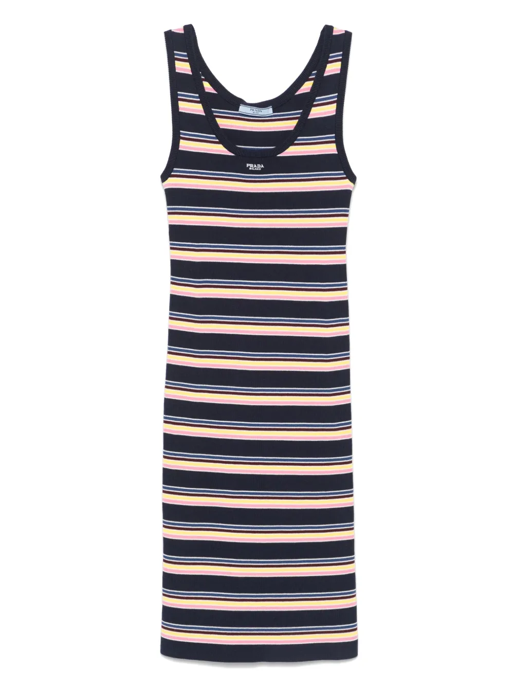 Prada Textured Scoop Neck Striped Sleeveless Dress In Bleu