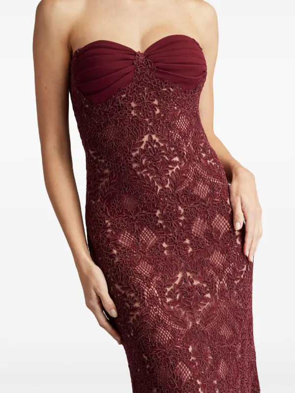 Tadashi Shoji Kohli Strapless Lattice Embroidered Gown Red