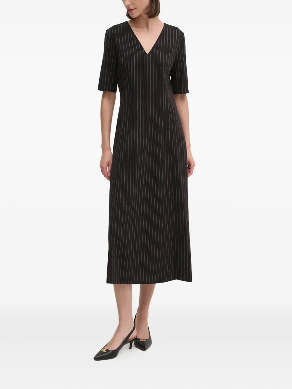 DKNY striped V-neck midi dress - Zwart