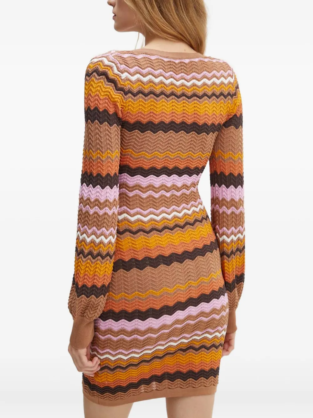 Guess Usa Chevron-pattern Long-sleeve Mini Dress In Brown