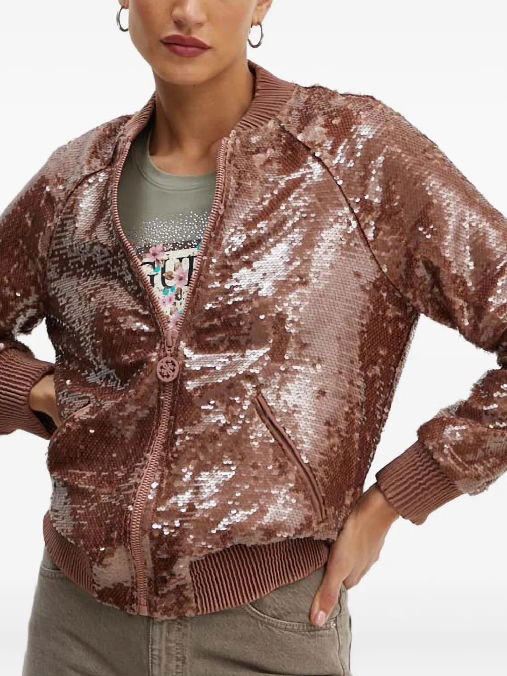Guess Usa Sequin-embellished Zip-up Bomber Jacket In Burgundy