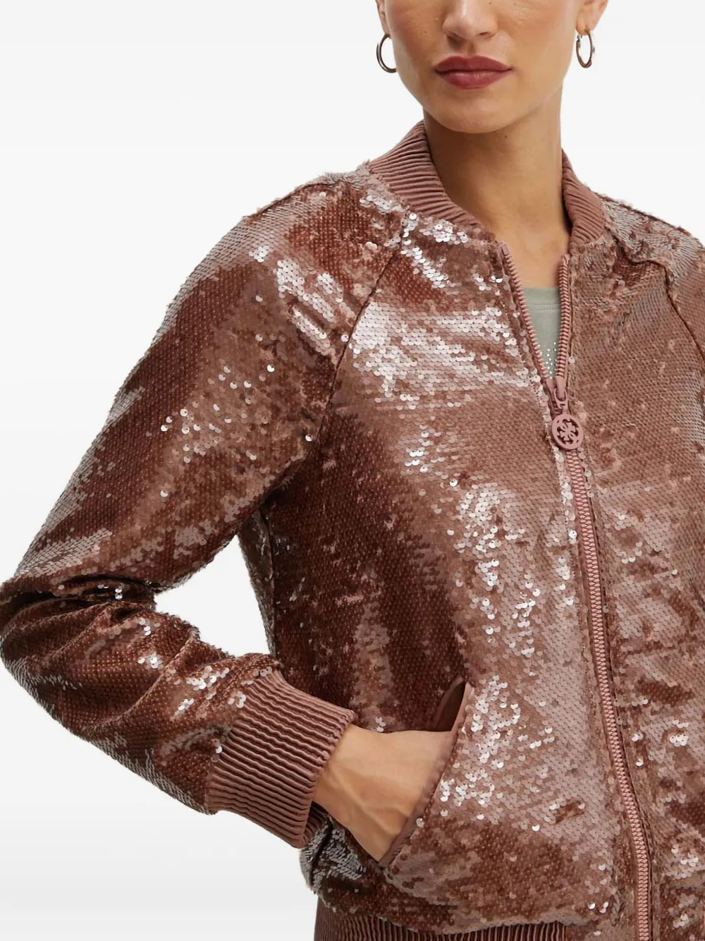 Guess Usa Sequin-embellished Zip-up Bomber Jacket In Burgundy