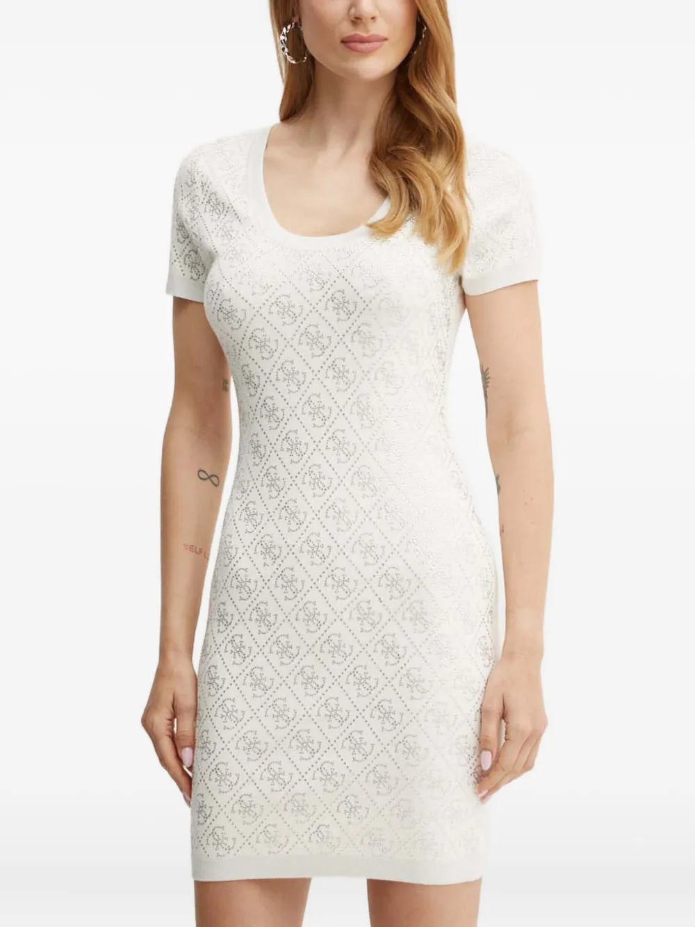 Guess Usa Short-sleeve Monogram-pattern Mini Dress In White