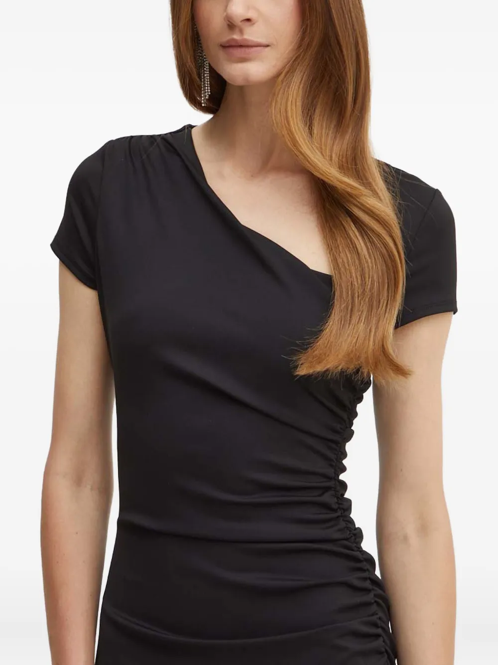 Guess Usa Asymmetric-neck Ruched Mini Dress In Black