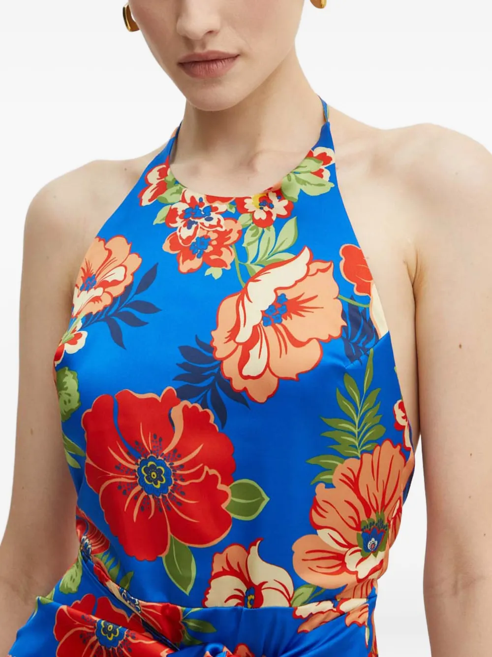Guess Usa Halter-neck Floral-print Midi Dress In Blue