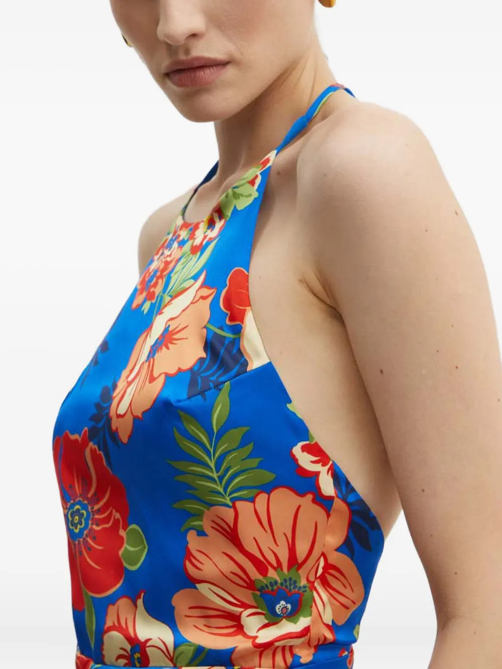 Guess Usa Halter-neck Floral-print Midi Dress In Blue