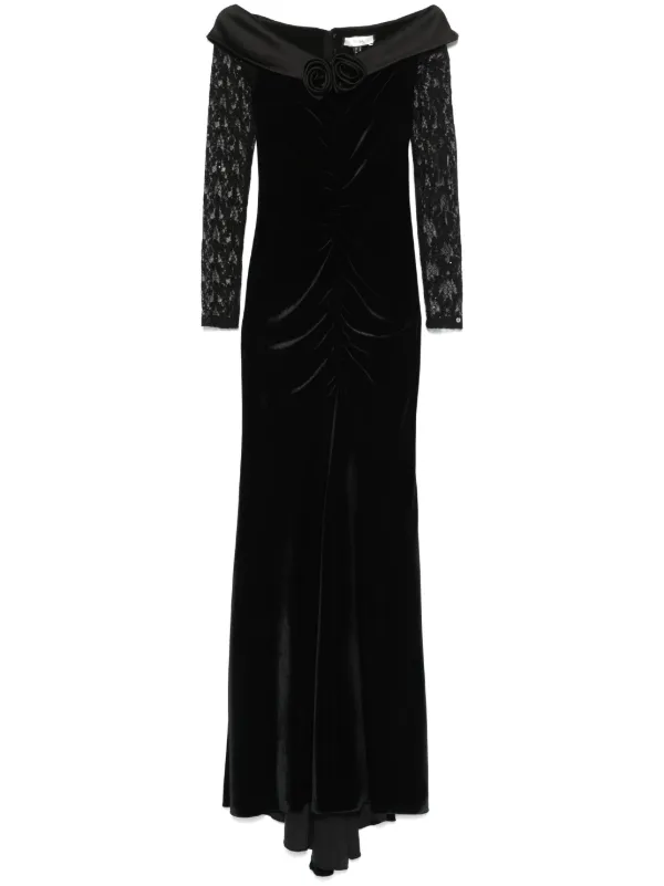 knee length dresses for ladies Women's Long Sleeve Velvet Maxi Dress with Gold Trim, Black / S
