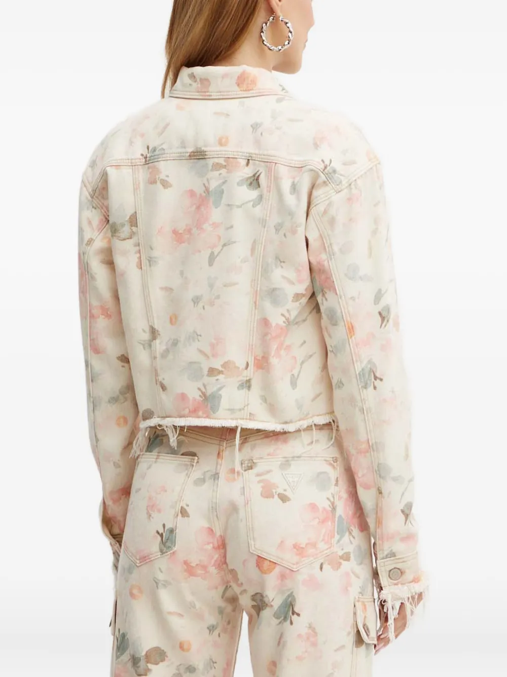 Guess Usa Frayed Floral-print Jacket In Neutral