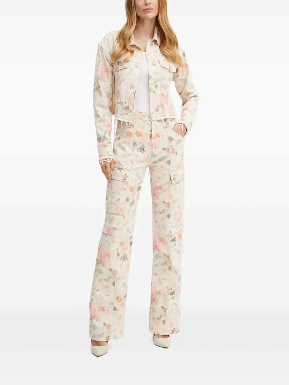 Guess Usa Frayed Floral-print Jacket In Neutral