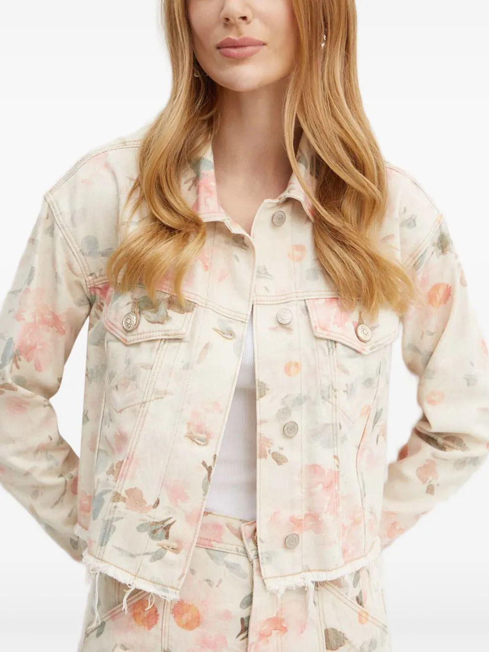 Guess Usa Frayed Floral-print Jacket In Neutral