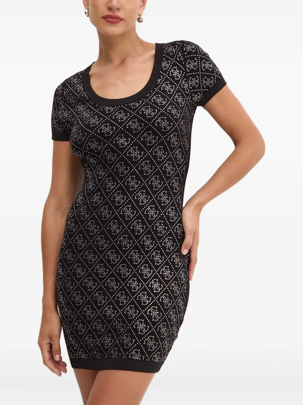 Guess Usa Monogram-pattern Short-sleeve Mini Dress In Black