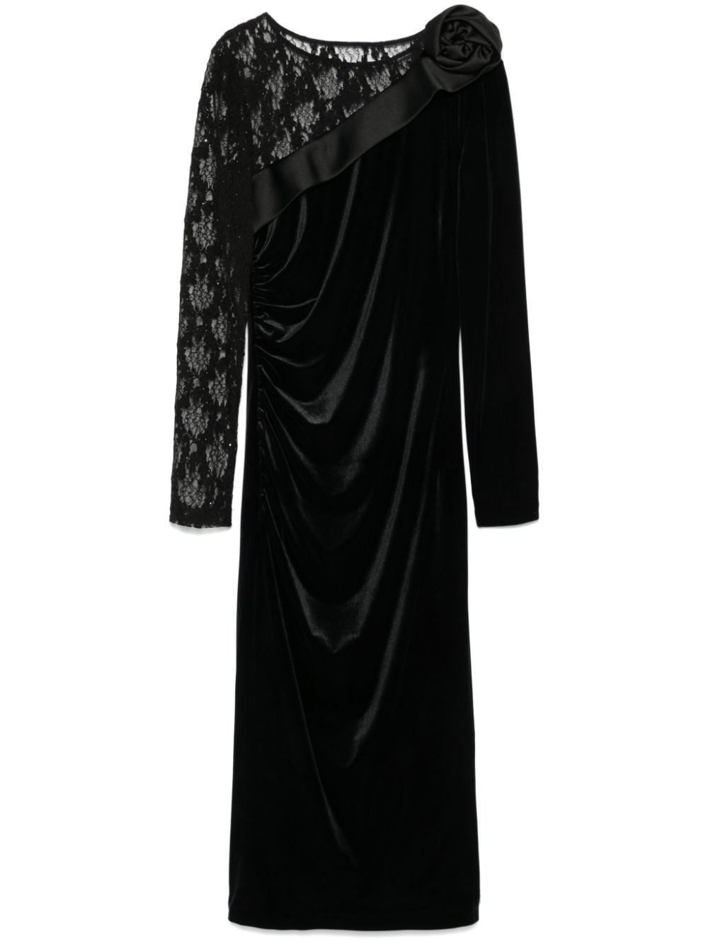 Shop Nissa Lace-insert Velvet Midi Dress In Black