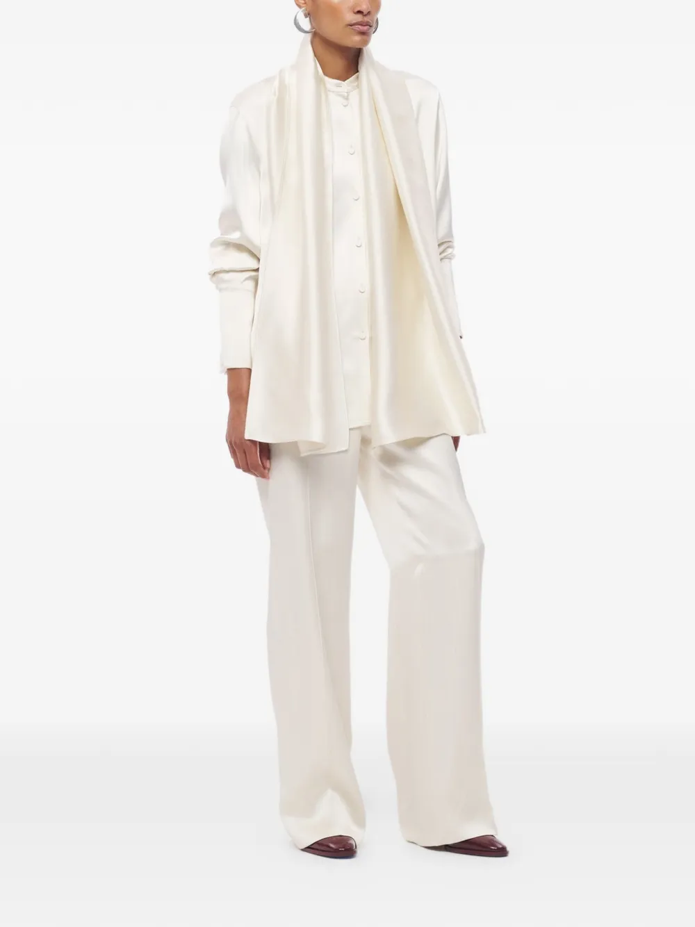 Another Tomorrow Scarf-detail Band-collar Blouse in Neutrals, view 2