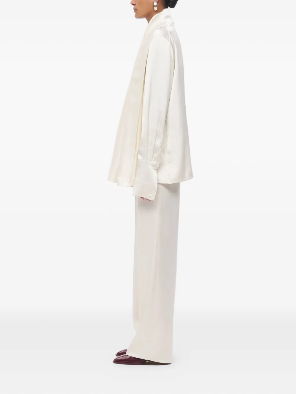 Another Tomorrow Scarf-detail Band-collar Blouse in Neutrals, view 3