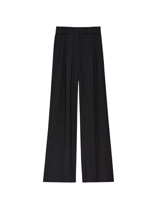 Another Tomorrow Twill Pleated Wide-leg Trousers in Black