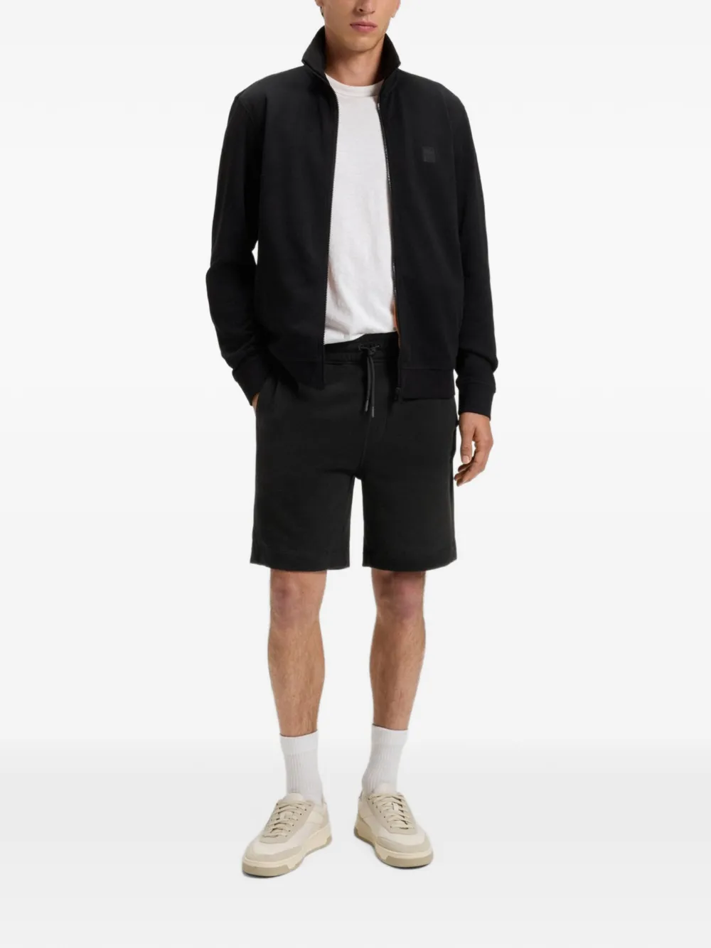 BOSS Katoenen badstof shorts met logo-patch Zwart