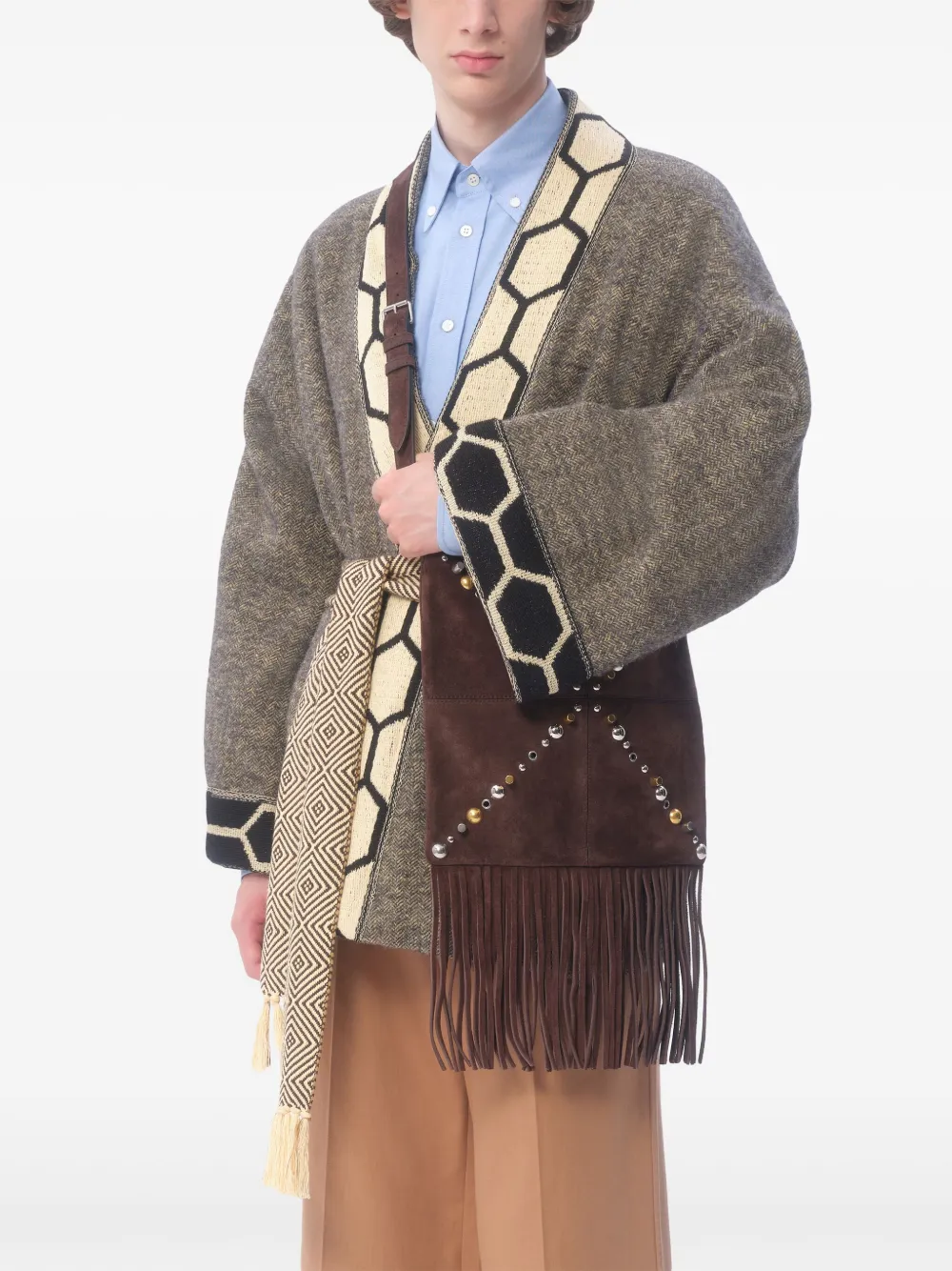Valentino Garavani Kleine Nellcôte schoudertas met franje Bruin