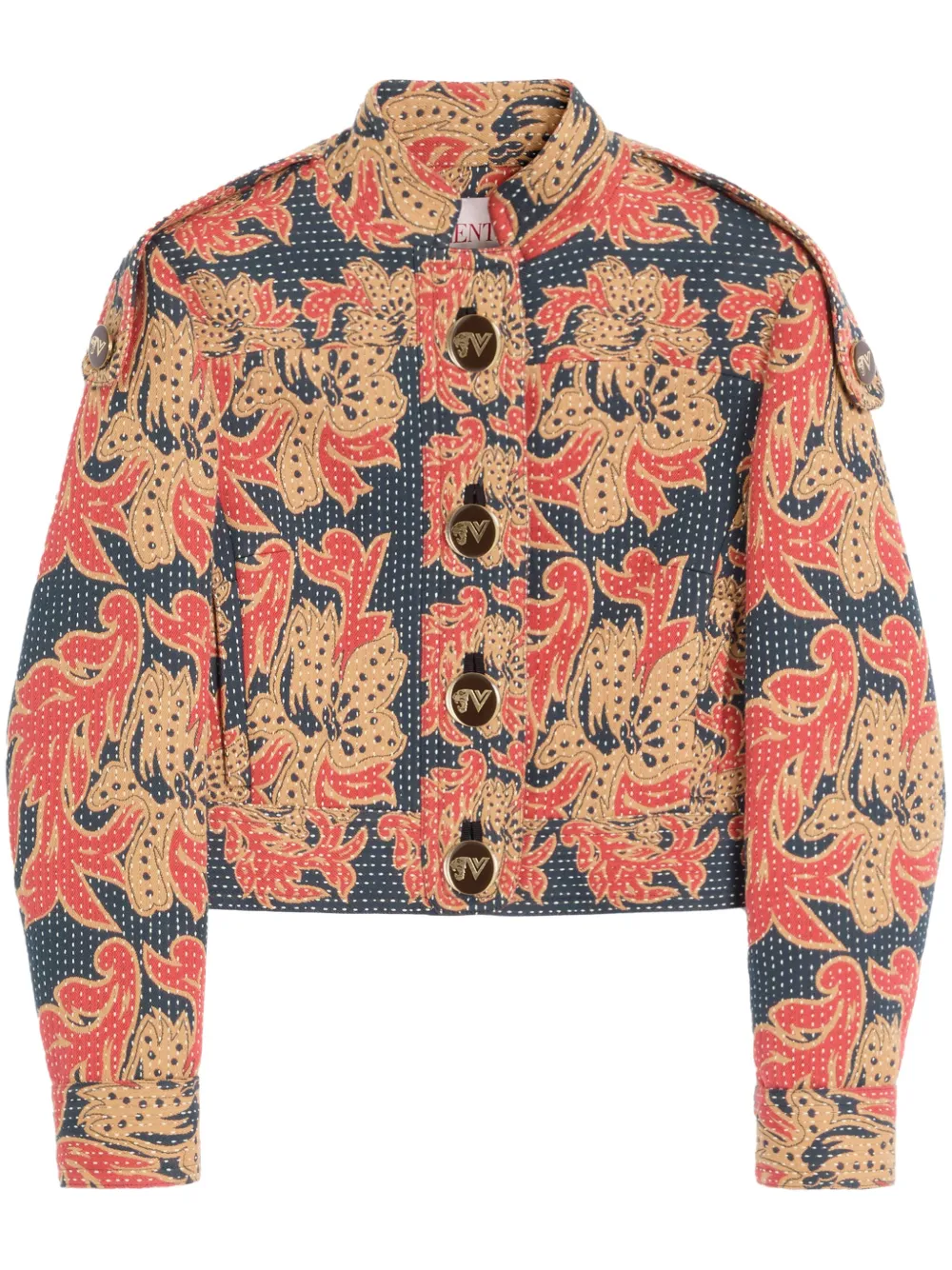 Valentino Quilted Floral Cotton-blend Jacquard Caban Jacket In Brown