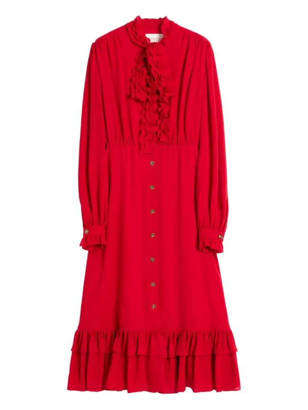 knee length dresses for ladies Valentino Red Long Sleeve Midi Dress with Scarf Neckline