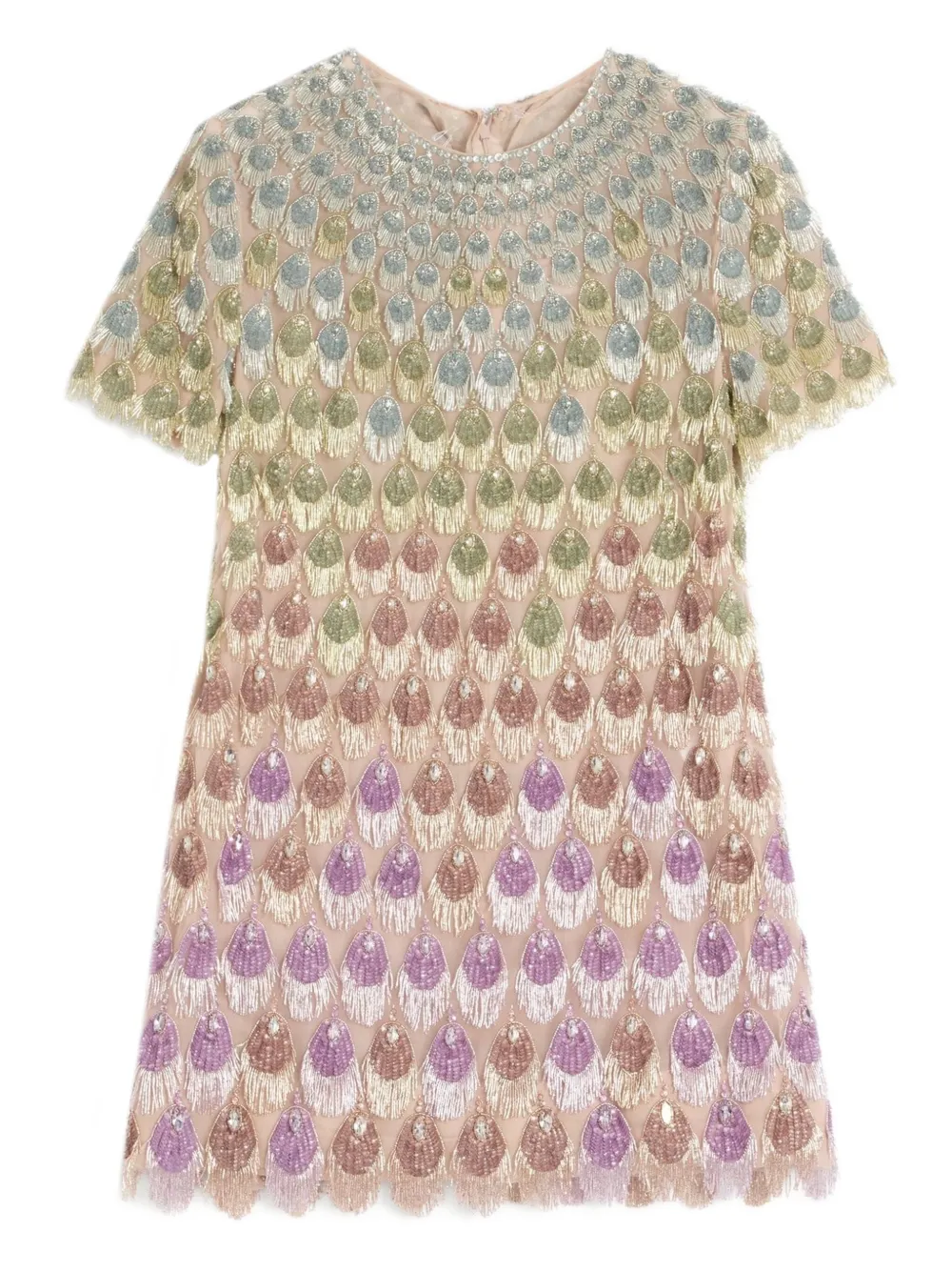 valentino rainbow crystal embellished short sleeve dress Plusdepois Print Crepe Couture It has metallic trims at the crew neck and short sleeves encrusted with sequins and beading Valentino Women's Knee Length Dresses