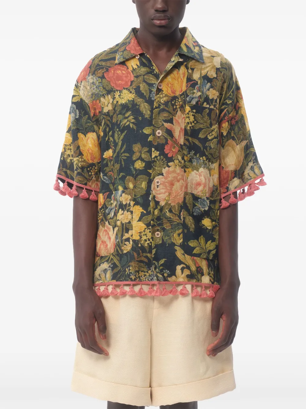 Shop Valentino Apres L'hiver Linen Bowling Shirt In Green