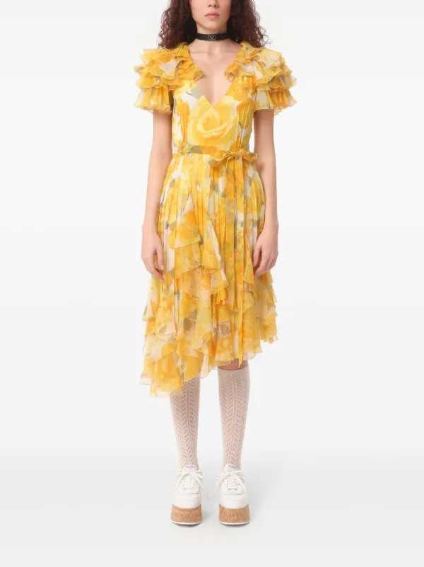 white christmas dresses Yellow Sleeveless Floral Micro Ruffle Trapeze Midi Dress main image 1