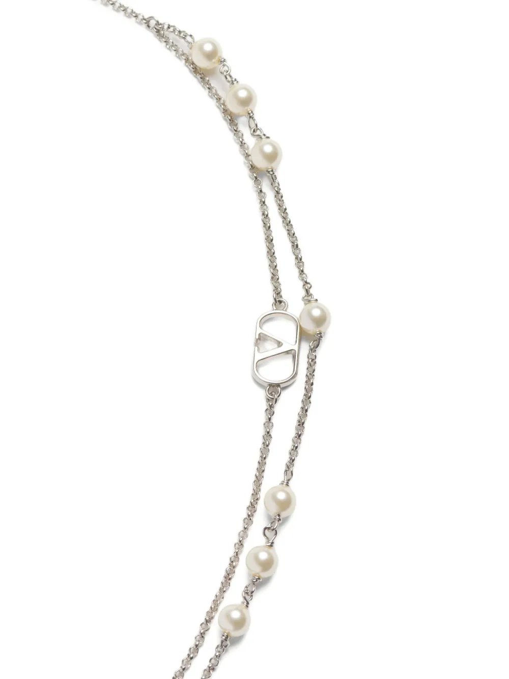 Valentino Garavani Vlogo Signature Metal Necklace with Swarovski Pearls in Silver, view 3