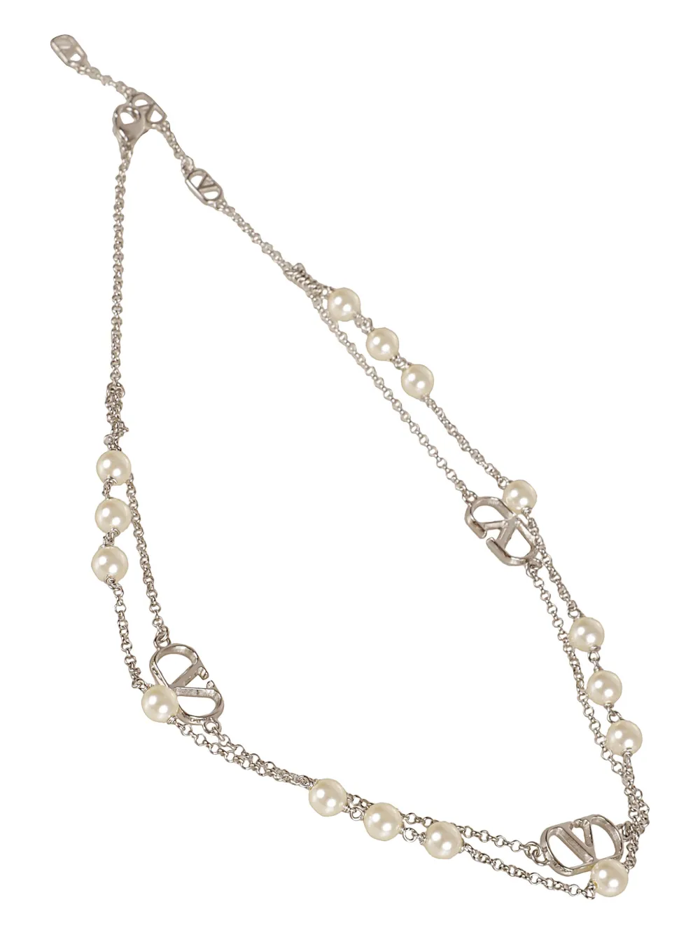 Valentino Garavani Vlogo Signature Metal Necklace with Swarovski Pearls in Silver, view 2