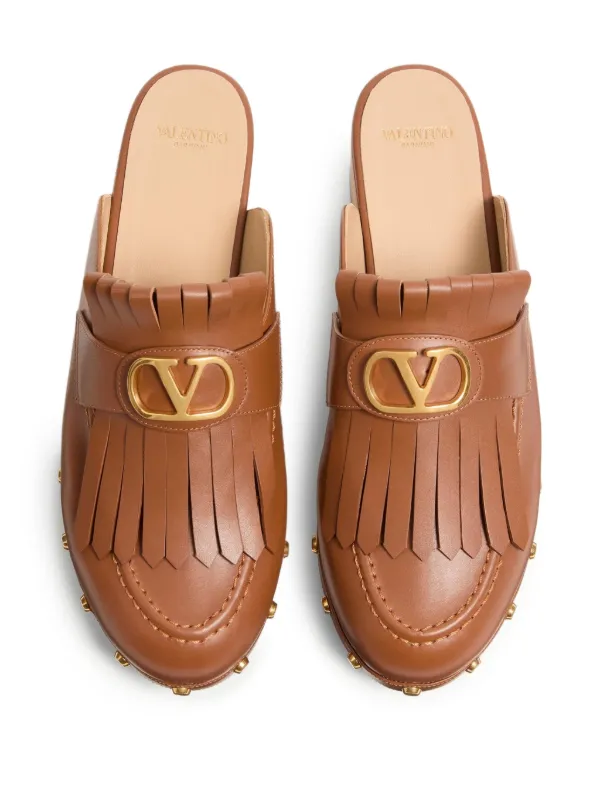 Valentino Garavani★ブラウン VLogo Signature ミュール Vlogo Signature Calfskin Clog Sandal With Fringes 120mm for