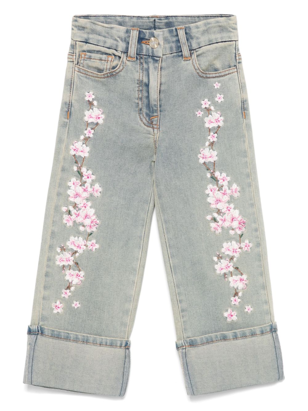 Monnalisa Jeans met geborduurde bloe Blauw