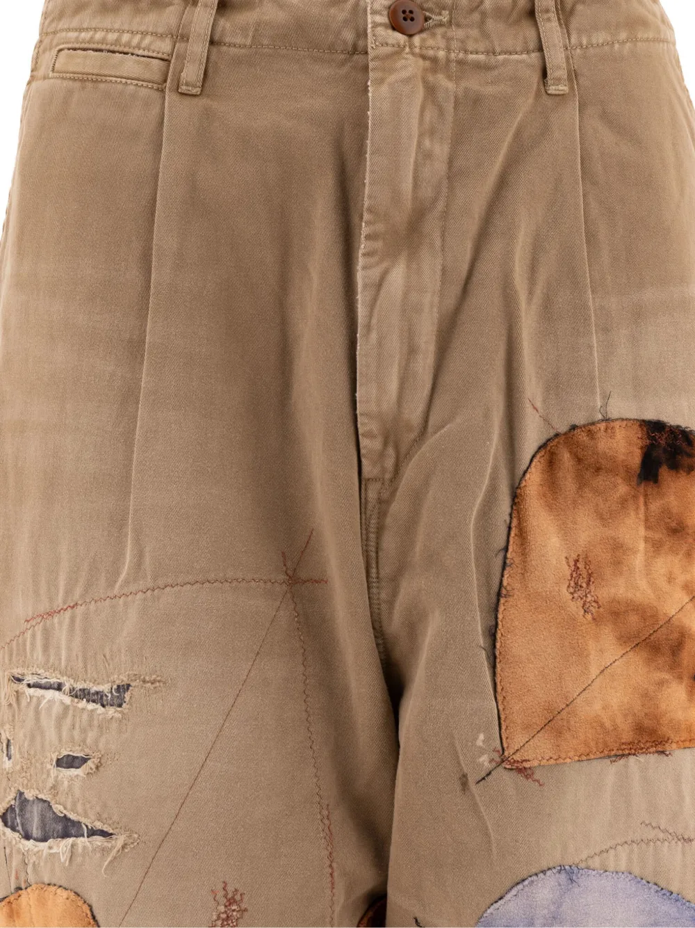 KAPITAL Katsuragi gerafelde broek met toelopende pijpen en patchwork Beige