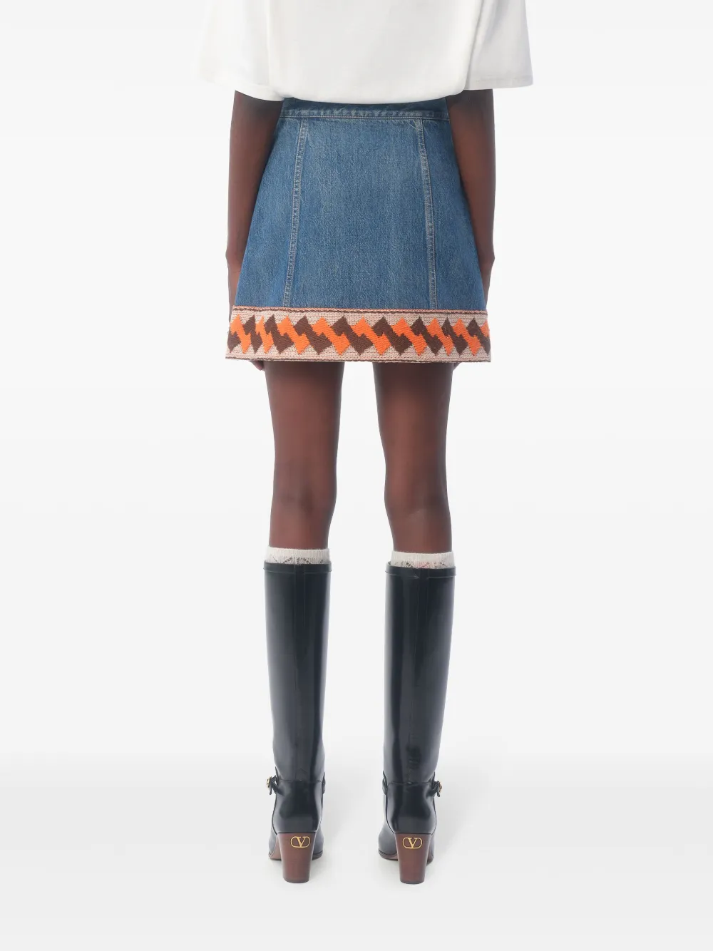 Shop Valentino Jacquard-trim Denim Mini Skirt In Blau