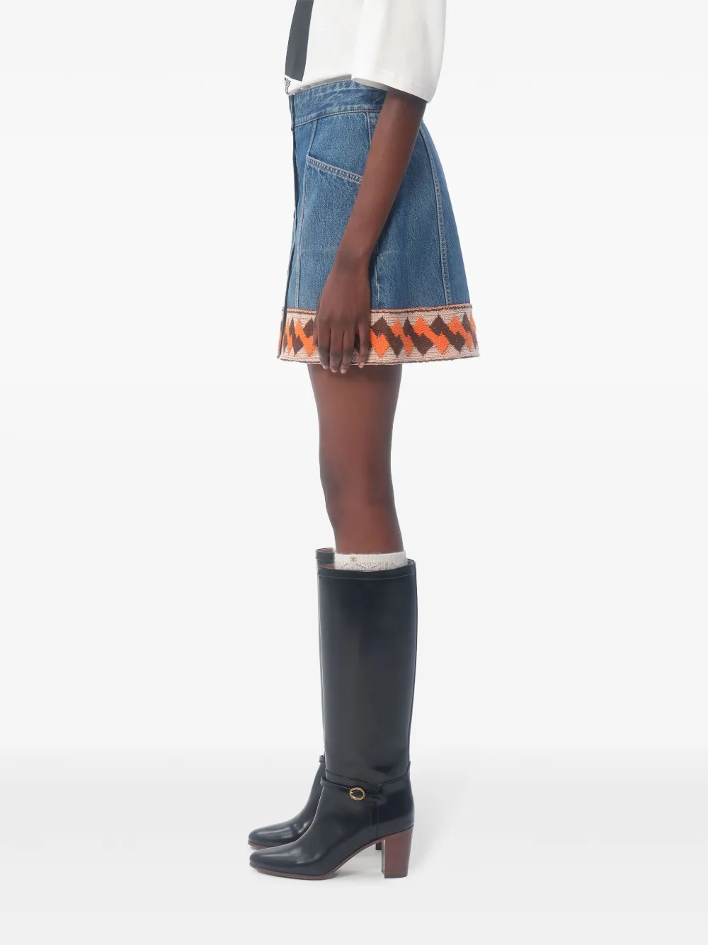Shop Valentino Jacquard-trim Denim Mini Skirt In Blau