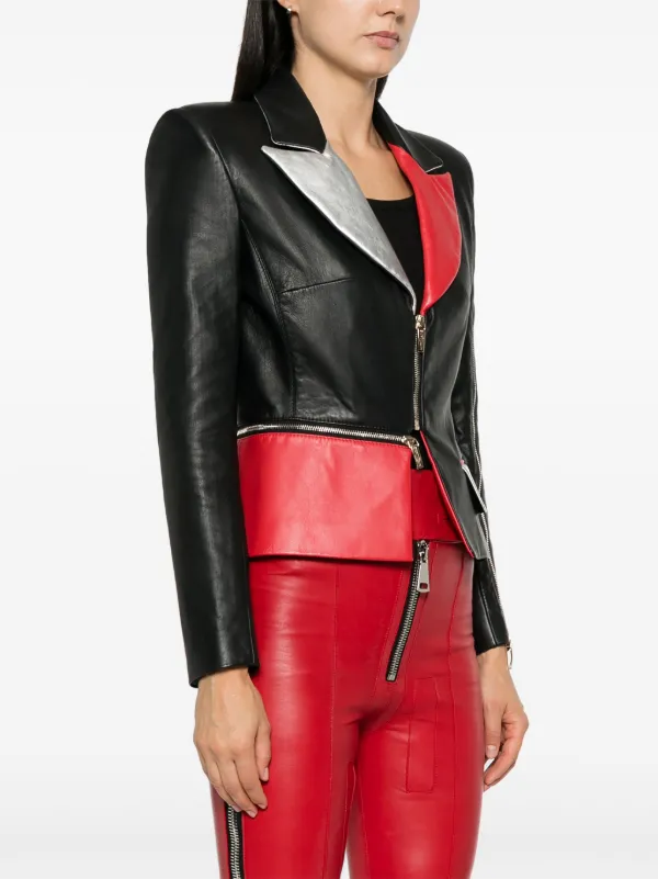 Red and black leather jacket womens on sale