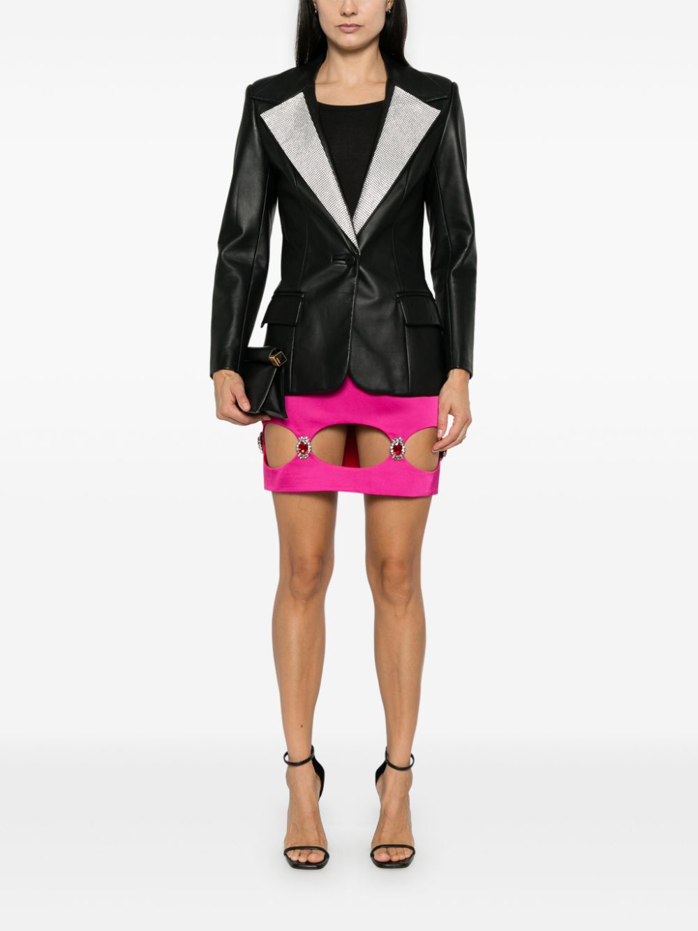 Shop Mitiliane Couture Crystal-lapels Faux-leather Blazer In Black