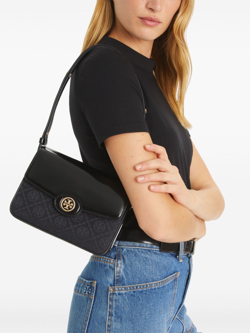 Tory Burch Robinson T schoudertas met monogram - Zwart