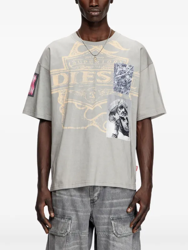 ★ドイツ発*DIESEL*グラフィックパッチTシャツ/Grey★ T-HOXT Denim-look T-shirt with released hems｜グレー｜メンズ