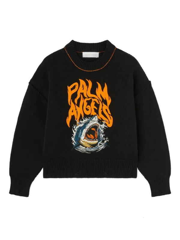 Palm Angels Kids Embroidered Shark Knit Sweater Black
