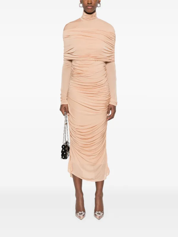 Mugler Ruched Sheer Midi Dress | Neutrals | FARFETCH