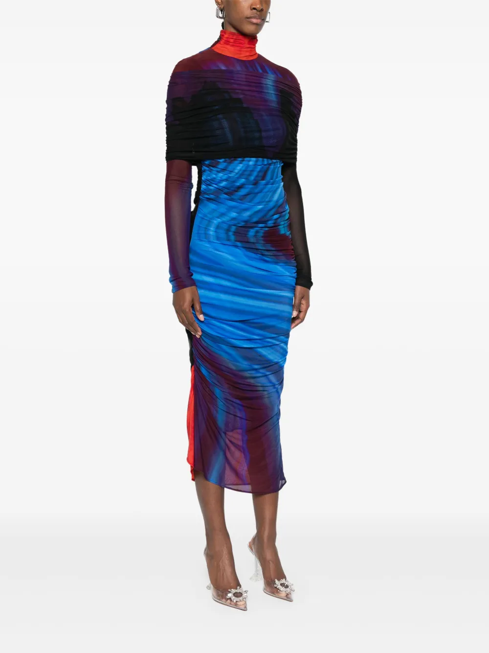 MUGLER RUCHED SHEER MIDI DRESS