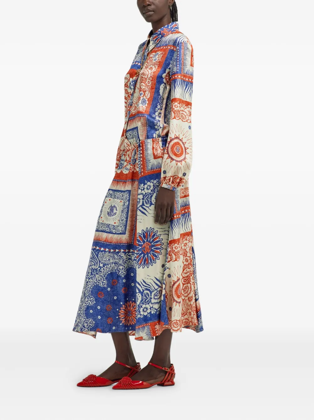 Roberto Cavalli Zijden jurk met paisley-print en patchwork Blauw