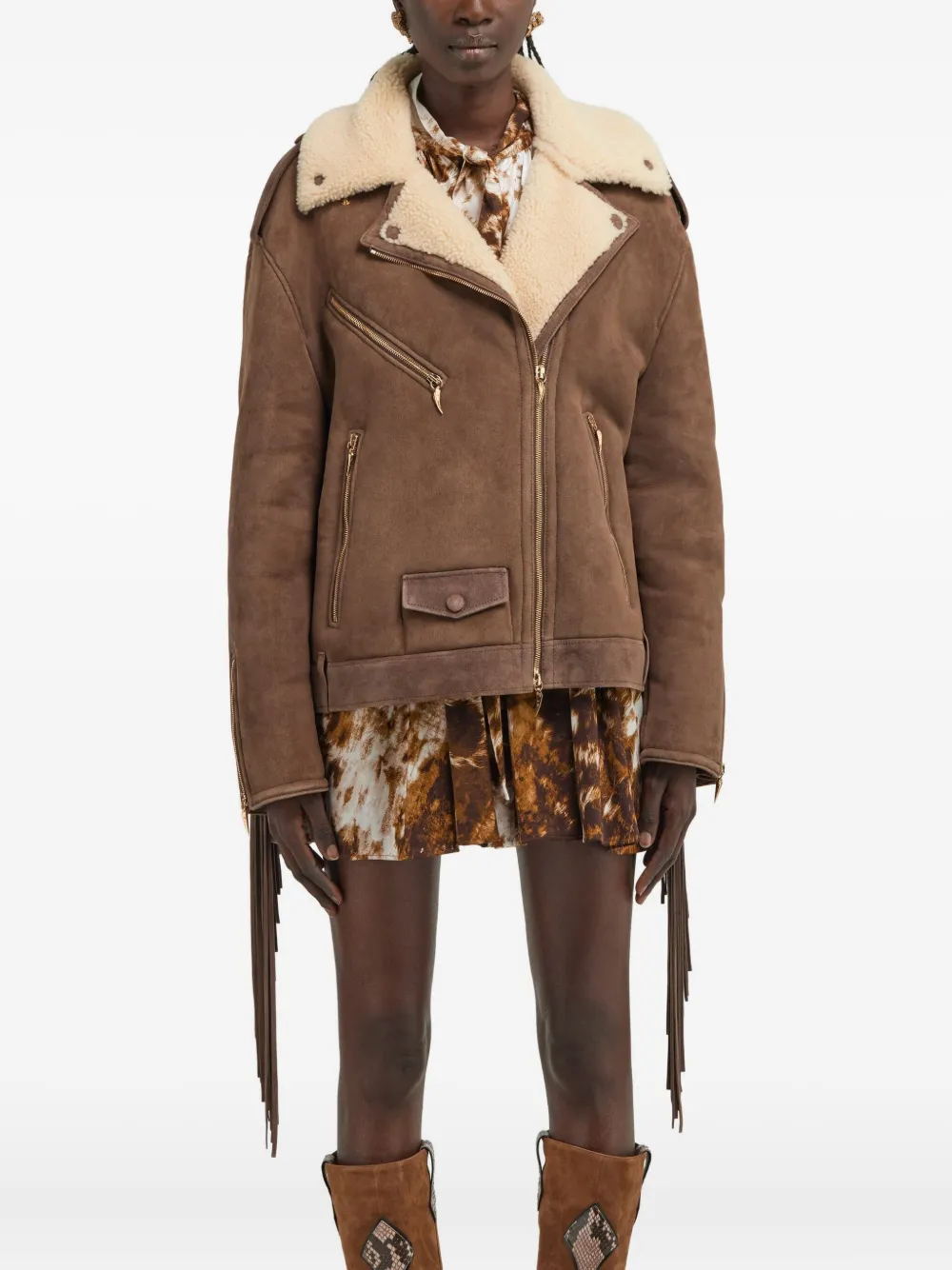 Roberto Cavalli Shearling-trimmed Fringed Leather Jacket In Brown