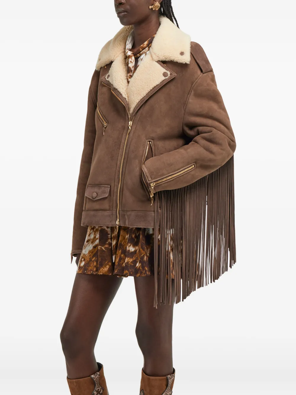 Roberto Cavalli Shearling-trimmed Fringed Leather Jacket In Brown