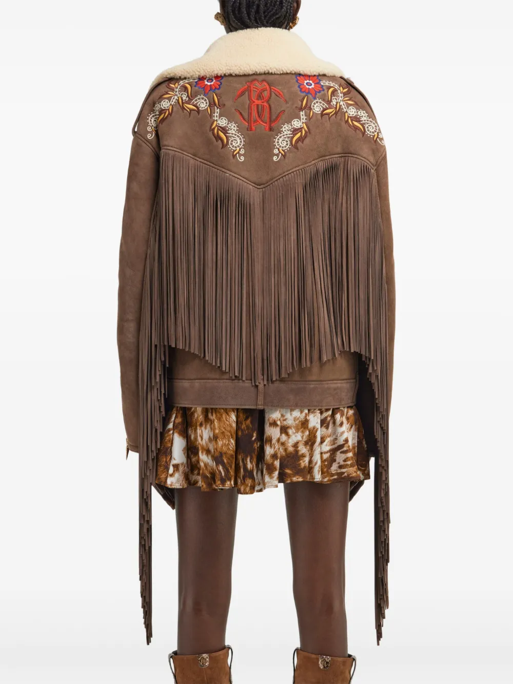 Roberto Cavalli Shearling-trimmed Fringed Leather Jacket In Brown