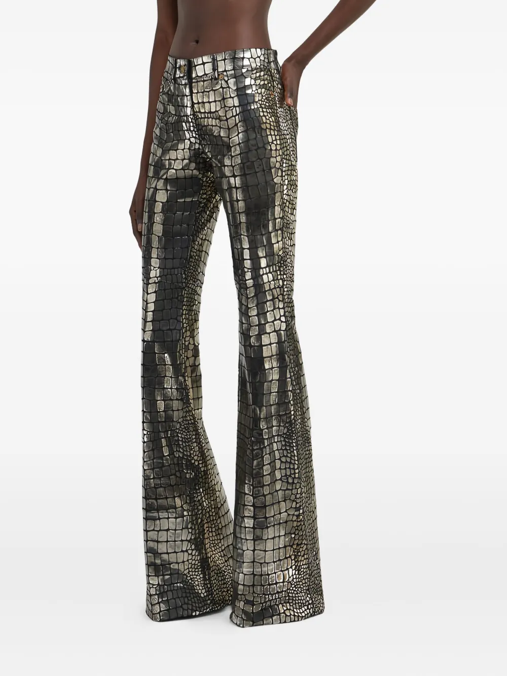 Roberto Cavalli Crocodile-effect Leather Trousers In Silver