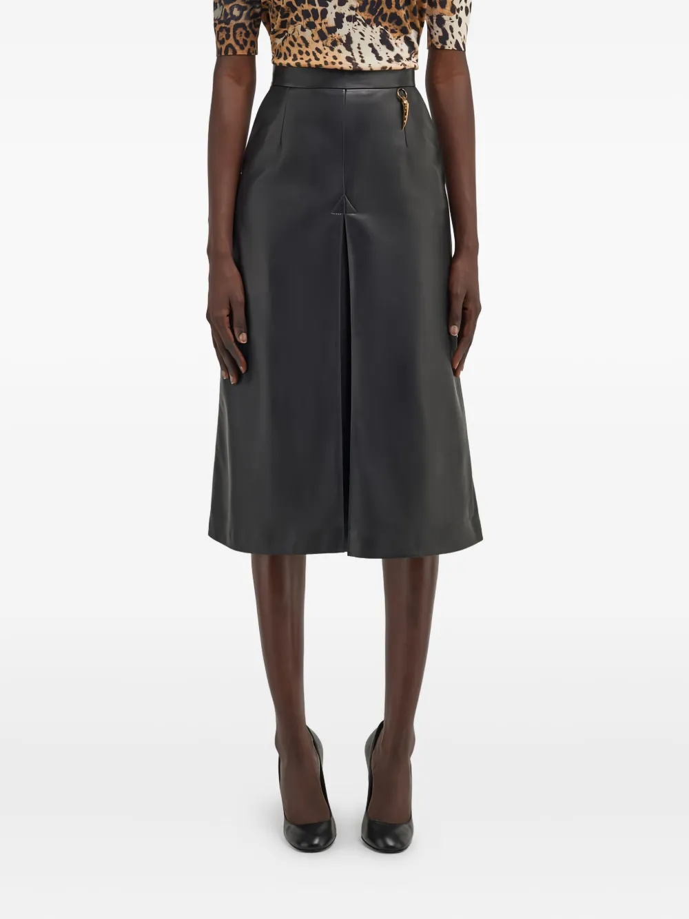 Roberto Cavalli Leren midi-rok met geplooide voorkant Zwart